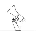 Continuous line drawing of hand with speaker. Horn speaker hold by hand. Horn speaker sign and symbol for announcement or