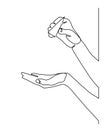 Continuous line drawing of hand testing moisturizing skin cream. hand holding tube with liquid soap.Continuous one line