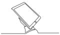 Continuous line drawing of hand touching digital tablet. One line hand with a tablet hand-drawn picture silhouette. Line