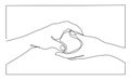 Continuous line drawing of hands giving apple