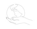 Continuous line drawing of Hands Holding Earth Globe. Single one line drawing of hands hold globe Royalty Free Stock Photo