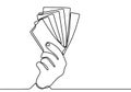 Continuous line drawing of hands holding piles of money banknotes. Human hand with banknotes hand draw minimalism style. Payment Royalty Free Stock Photo