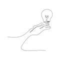 continuous line drawing of hands palms light bulb. isolated sketch drawing of hands palms light bulb line concept. outline thin Royalty Free Stock Photo