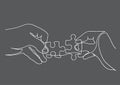 Continuous line drawing of hands solving jigsaw puzzle Royalty Free Stock Photo