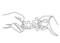 Continuous line drawing of hands solving jigsaw puzzle Royalty Free Stock Photo