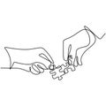 Continuous line drawing of hands solving jigsaw puzzle. Hands combining two puzzle pieces isolated on white background. Close up Royalty Free Stock Photo