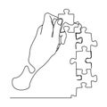 continuous line drawing of hands solving jigsaw puzzle Royalty Free Stock Photo