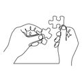 continuous line drawing of hands solving jigsaw puzzle minimalist design Royalty Free Stock Photo