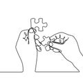continuous line drawing of hands solving jigsaw puzzle minimalist design Royalty Free Stock Photo