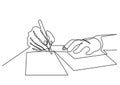 Continuous line drawing of hands writing letter Royalty Free Stock Photo