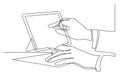 Continuous line drawing of hands writing pointing at tablet screen