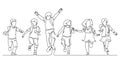 Continuous line drawing of happiness little students group enjoy school finish