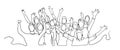 Continuous line drawing of happy cheerful crowd of people. Cheerful crowd cheering illustration. Hands up. Group of applause