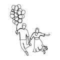 Continuous line drawing of happy couple running and holing balloons vector illustration minimalist