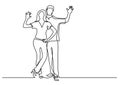 Continuous line drawing of happy couple waving hello