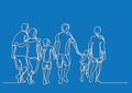 Continuous line drawing of happy extended family walking