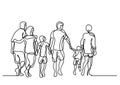 Continuous line drawing of happy extended family walking