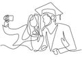 Continuous line drawing of happy graduation student taking selfie photo with his sister isolated on white background. Graduation Royalty Free Stock Photo