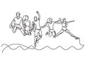 Continuous line drawing of happy group of students jumping over sea