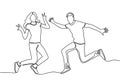 Continuous line drawing of happy jumping couple. business people are happy and jump to celebrate success isolated on Royalty Free Stock Photo