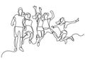 Continuous line drawing of happy jumping group of youth