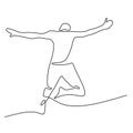 Continuous line drawing of happy jumping man. A young teenager male showed a happy expression with jumping high. The concept of