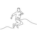 Continuous line drawing of happy jumping man. A young teenager male showed a happy expression with jumping high. The concept of