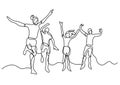 Continuous line drawing of happy teenagers jumping and having fun at beach