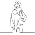 Continuous line drawing of happy woman posing as professional model. Beautiful girl standing while pose in front of the camera.