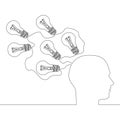 Continuous line drawing head with lots of ideas multiple light bulb innovation, creativity icon vector concept