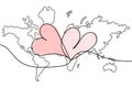 Continuous line drawing of heart on world map background, black and white vector minimalist illustration of love, peace, kindness Royalty Free Stock Photo