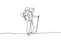 Continuous line drawing of hijab girl with backpack hiking minimalist design