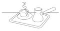 Continuous line drawing of hot fresh cup of coffee and jezve on tray