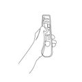 Continuous line drawing of human hand holding tv remote control . design element , poster, wall art concept design with active