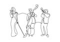 Continuous line drawing jazz music player. A group of singer, cello player, trumpet person isolated on white background