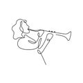 continuous line drawing of jazz musicians playing trumpet music instruments
