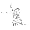 Continuous line drawing of jumping girl. A woman jump looks happy with toss hand sign