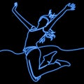 Continuous line drawing jumping happy woman neon