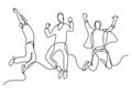 Continuous line drawing of jumping team of young men