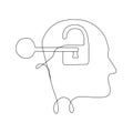 Continuous line drawing, key opens the lock in the head, concept of business ideas, unleash your potential, vector Royalty Free Stock Photo