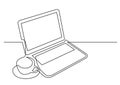 Continuous line drawing of laptop computer cup of tea