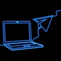 Continuous line drawing laptop computer with paper plane as business startup icon neon glow vector illustration concept Royalty Free Stock Photo