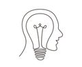 Continuous line drawing of light bulb symbol idea. Head and bulb out line illustration Royalty Free Stock Photo