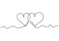 Continuous line drawing of love sign with two hearts. Romantic theme minimalism design on white background. A heart to show