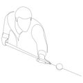Continuous line drawing of male playing billiard. Male billiard player vector illustration isolated on white background.