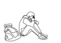 Continuous line drawing of man in depression. Exhausted sad young male covering his face by hands and sitting on the ground.