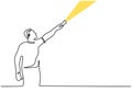 Continuous line drawing of man with flashlight in camp. A man brought a flashlight to check around the tent. Spend the night in Royalty Free Stock Photo