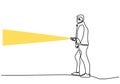 Continuous line drawing of man with flashlight in camp. A man brought a flashlight to check around the tent. Spend the night in Royalty Free Stock Photo