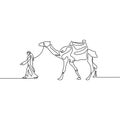 Continuous line drawing Man leads a Camel. Vector illustration. Royalty Free Stock Photo