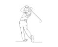 Continuous line drawing of man playing golf. Single one line art concept of professional golfer swinging the stick to hit ball